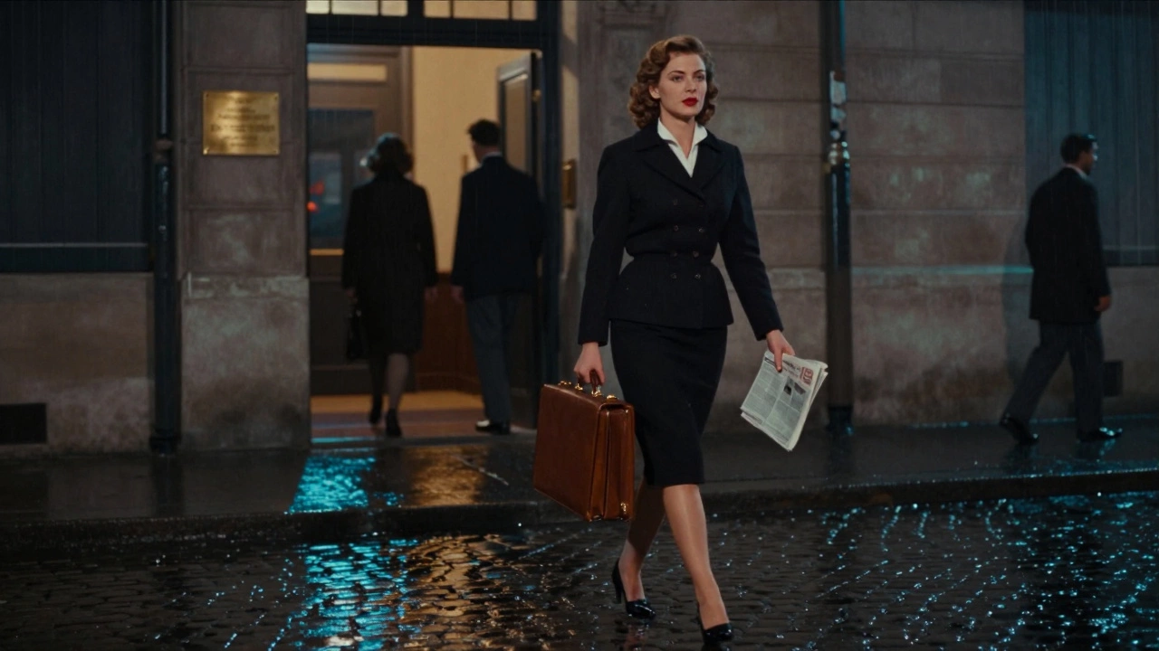 A confident woman walks alone through a rainy Paris street, her presence dignified and self-possessed.