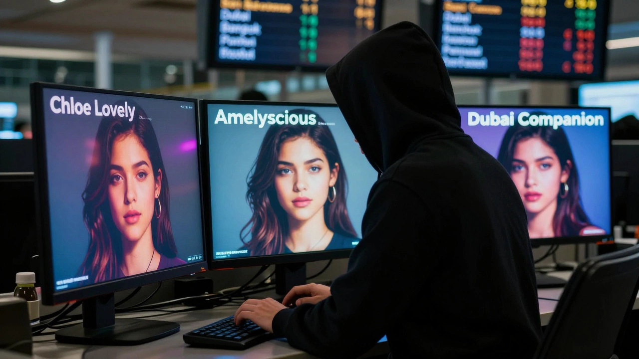 A shadowy figure managing AI-generated escort profiles across multiple screens in a foreign location.