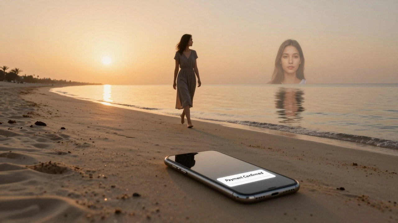 A woman walking at sunset on Jumeirah Beach, her reflection transforming into a digital avatar from a fake online profile.