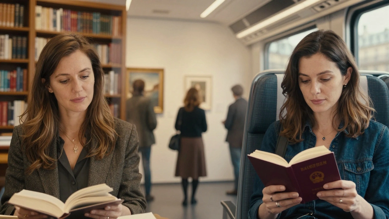 Three translucent images of a woman embodying her roles as tutor, guest, and traveler in Paris.